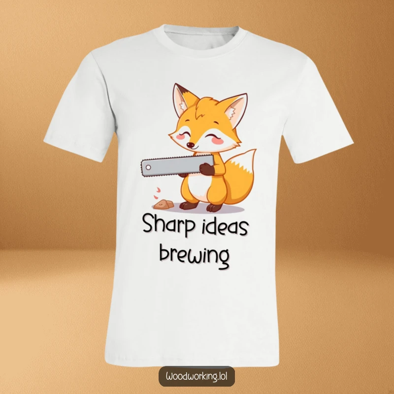 Funny fox t-shirt depicting a curious fox holding a saw, planning its next cut with a mischievous and clever expression.