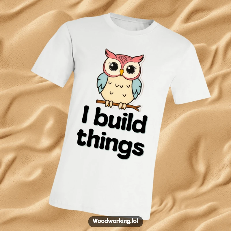 Funny Owl T-Shirt: A serious owl engrossed in gluing wood pieces, a humorous take on woodworking dedication and skill.