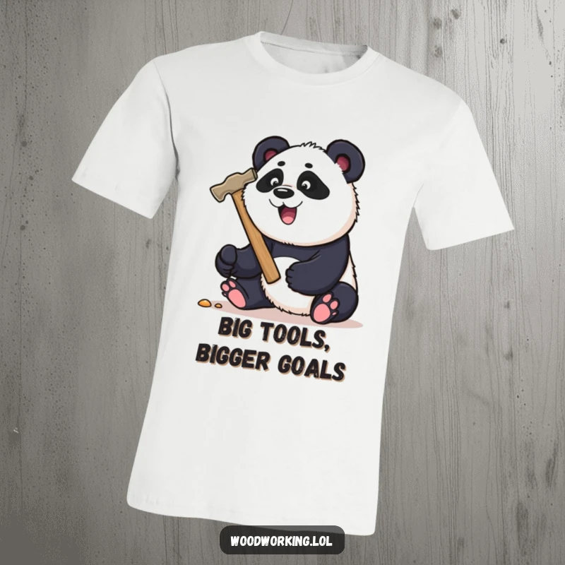 Funny panda carpenter t-shirt, playfully hammering a nail with a large hammer, embodying DIY spirit.