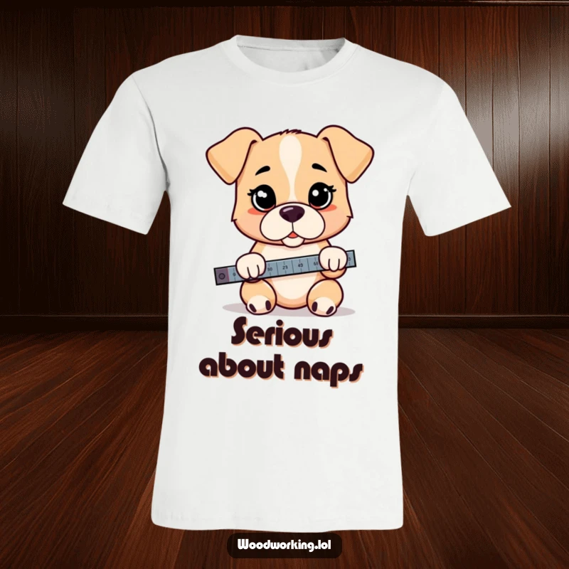 Funny puppy t-shirt, a playful cartoon puppy with a very serious demeanor, holding a carpenter's level.