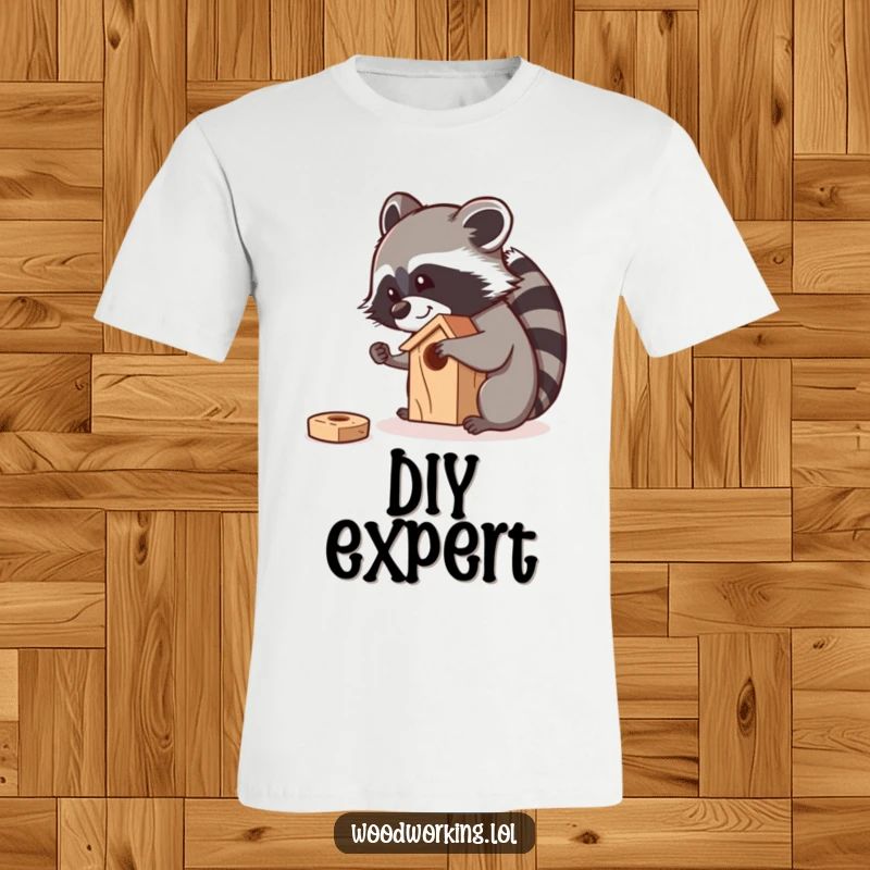 Funny raccoon character meticulously sanding a small wooden birdhouse with a smile, showcasing DIY skill.