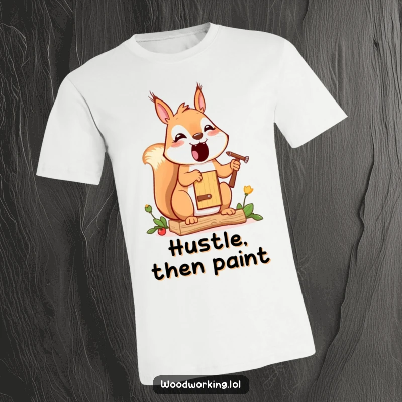 Funny squirrel t-shirt, a happy cartoon squirrel painting a small birdhouse with artistic flair and a cheerful expression.