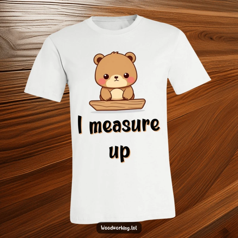 Funny Bear Carpenter T-Shirt depicting a serious bear meticulously leveling wood, a humorous gift for DIY lovers.