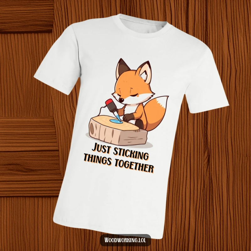 Funny t-shirt with a determined fox meticulously gluing wood, perfect for DIY enthusiasts and a great funny gift idea.