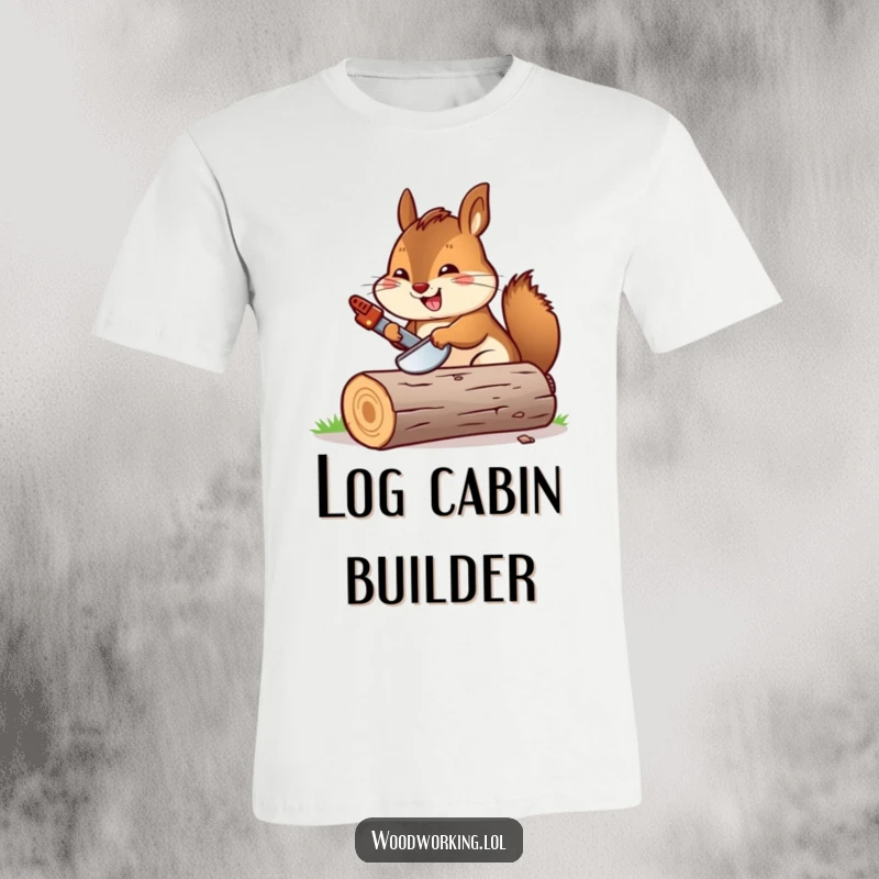 Funny chipmunk character enthusiastically sawing a log with a tiny saw, showcasing DIY spirit and humor.