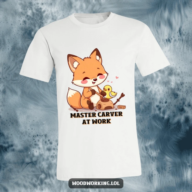 Funny smiling fox skillfully carving a tiny wooden bird, featured on a t-shirt, symbolizing dedication to craft and gentle humor.