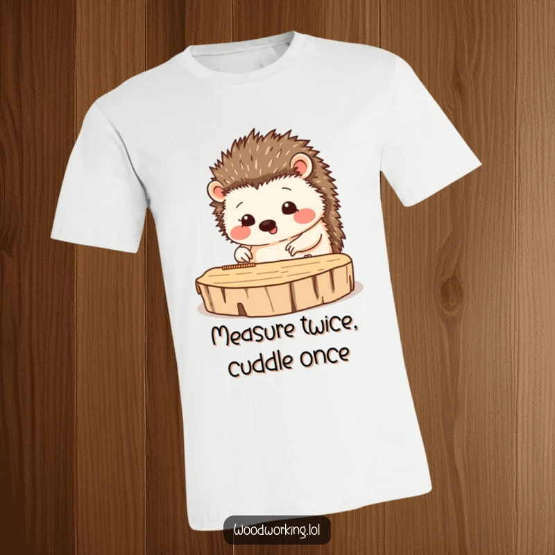 Funny t-shirt design of a happy hedgehog carefully measuring wood, emphasizing precision and craftsmanship.
