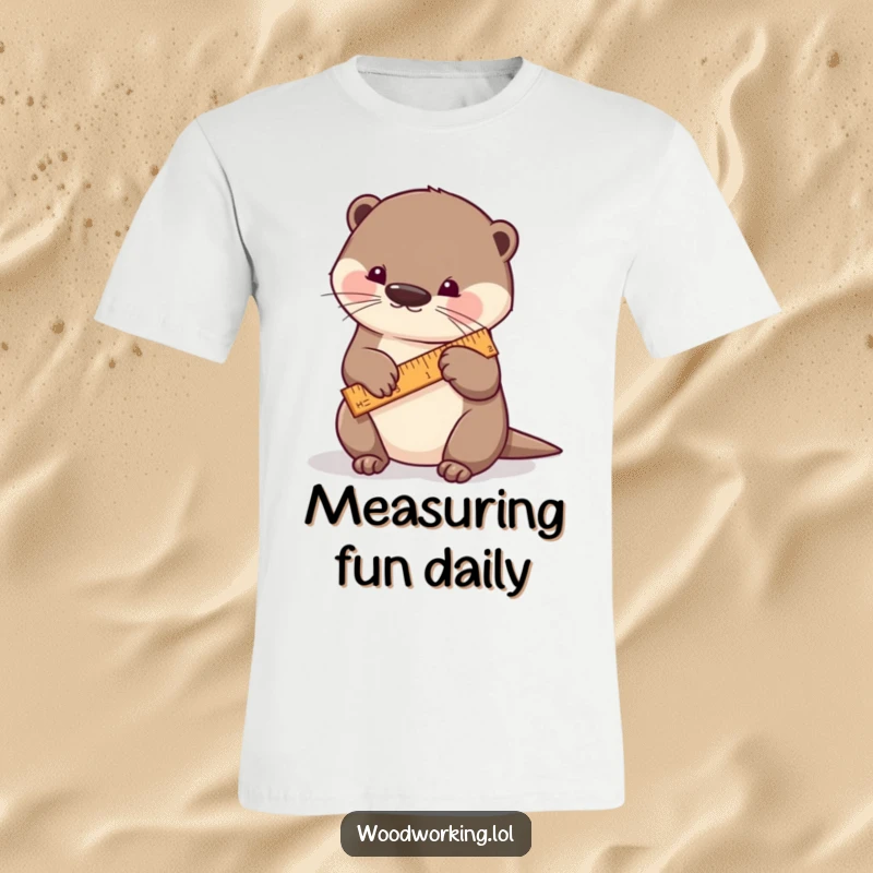 Funny otter t-shirt, a playful otter carefully measuring a piece of wood with a tiny ruler, demonstrating crafting skills with a smile.