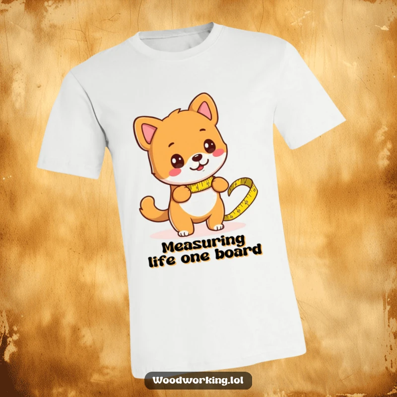 Funny dog in overalls, using a huge tape measure to size up wood, printed on a t-shirt, great for builders.