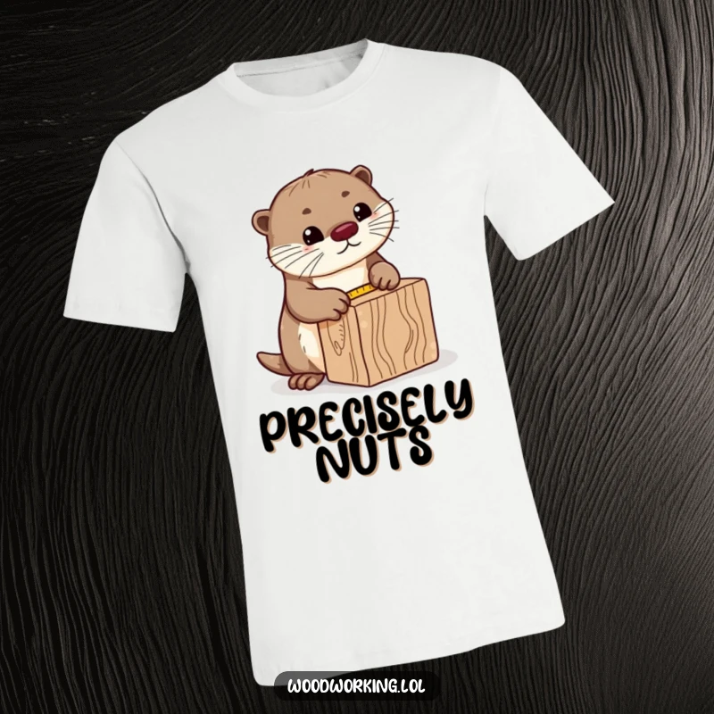 Funny curious otter t-shirt, diligently measuring a block of wood with a tape measure, demonstrating focus and a playful spirit.