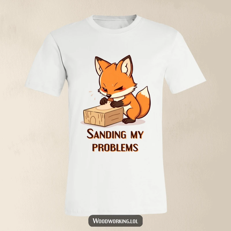 Funny t-shirt of a determined fox intensely focused on sanding a plank of wood, ideal for DIY enthusiasts.