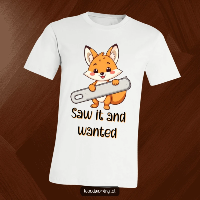 Funny t-shirt with a cheerful cartoon fox smiling while holding a comically large saw, ready for DIY.
