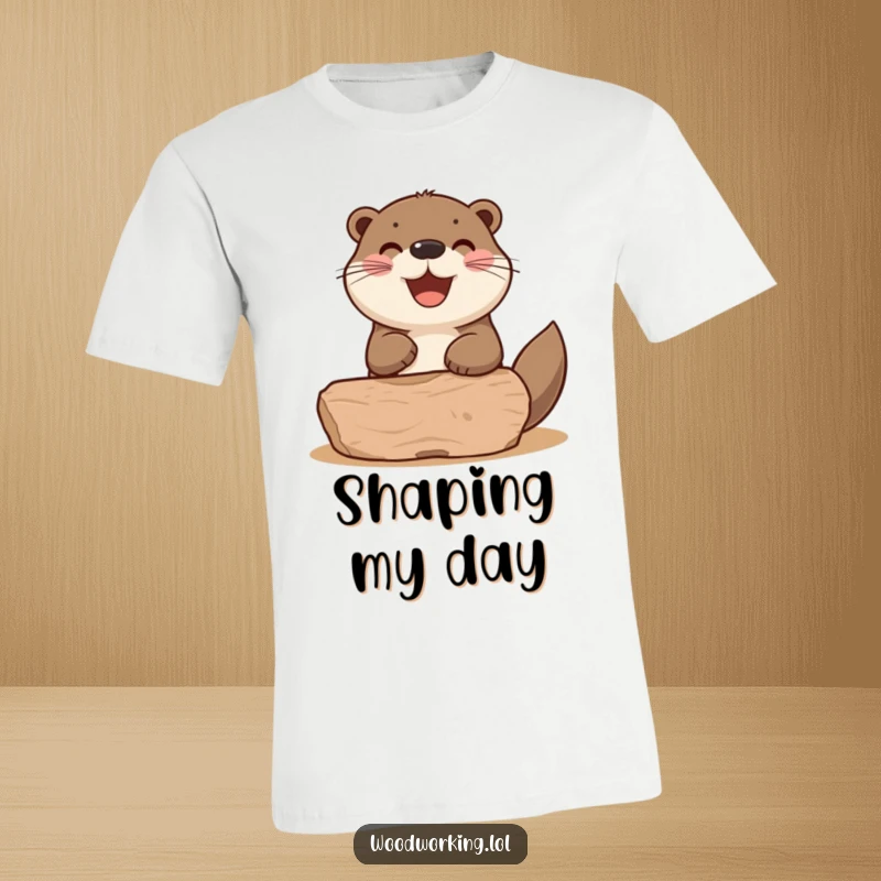 Funny otter diligently sanding a wooden shape with a happy puff, printed on this comfortable t-shirt.