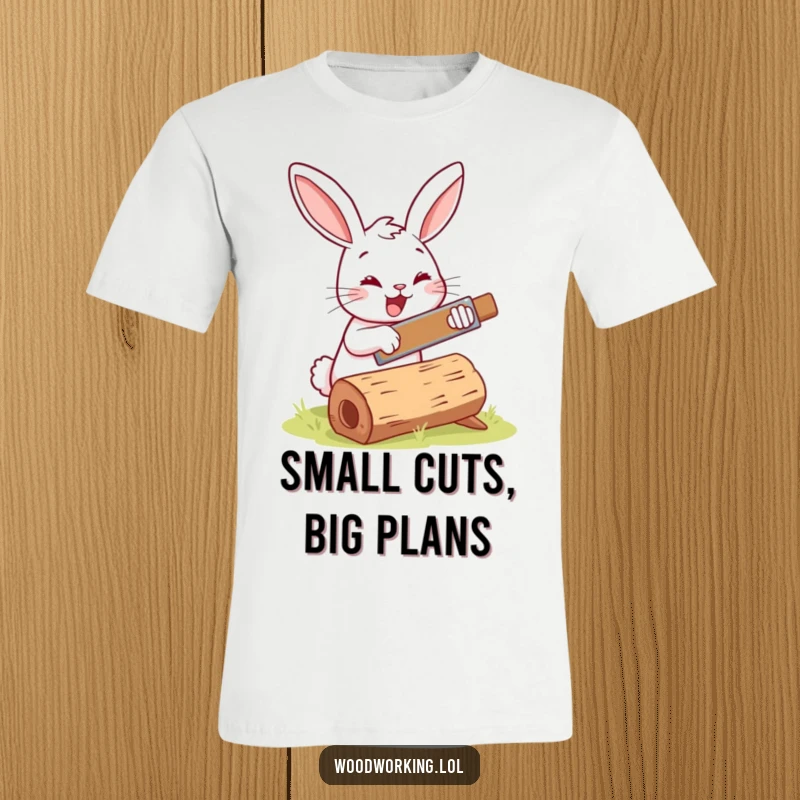 Funny bunny woodworker t-shirt, cheerfully sawing a log with a small saw, perfect for DIY lovers.
