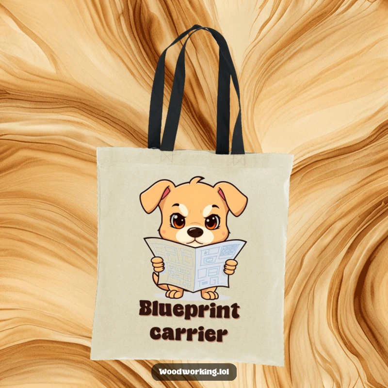 Funny Dog Tote Bag: A determined dog holding a blueprint, ready for tasks, a humorous carry-all.