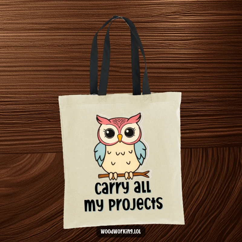 Funny Owl Tote Bag: An owl intently gluing wood, showcasing a humorous appreciation for crafting and DIY projects.