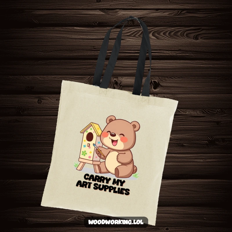 Funny tote bag with a giggling bear excitedly painting a colorful birdhouse, a charming accessory.