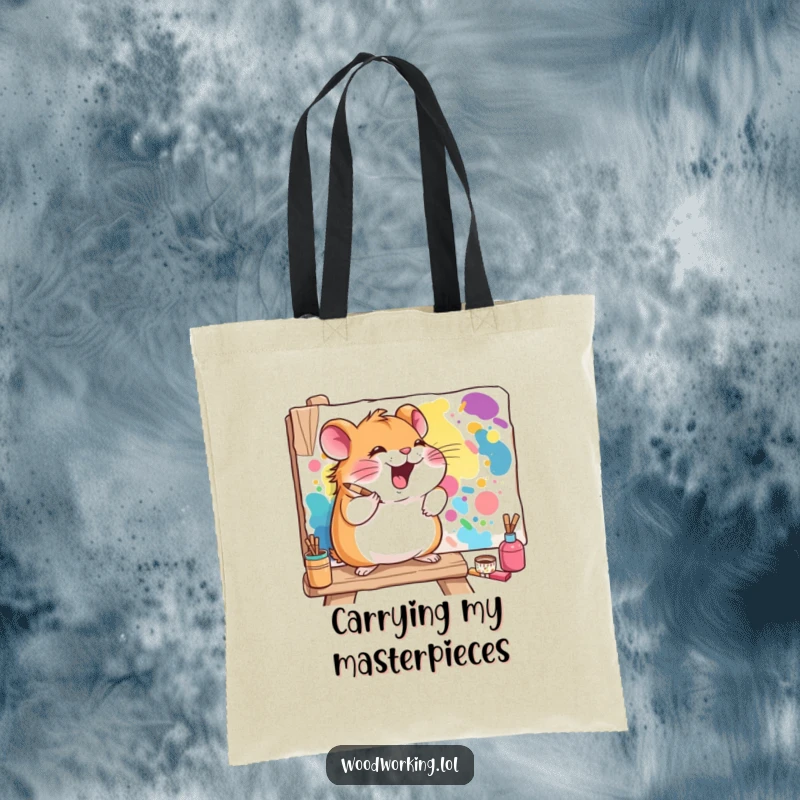Funny hamster tote bag showing a giggling hamster painting a vibrant mural on a wooden board, perfect for carrying art supplies.