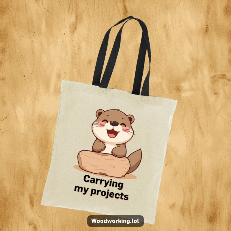 Funny otter sanding a wooden shape with a happy puff, printed on a spacious and humorous tote bag.