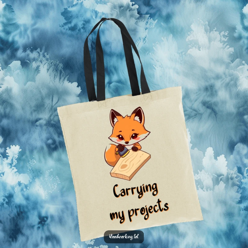Funny tote bag: A determined fox sands a wooden plank, perfect for carrying woodworking supplies with a humorous focus on detail.