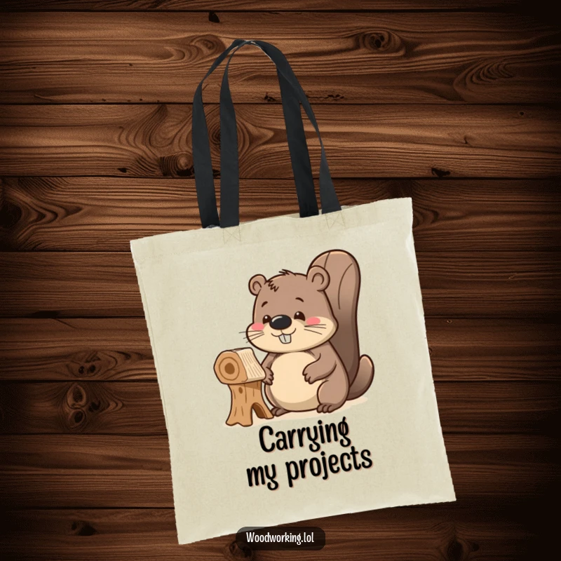 Funny delighted beaver tote bag, proudly admiring its unfinished wooden creation, ideal for carrying tools or project materials with pride.