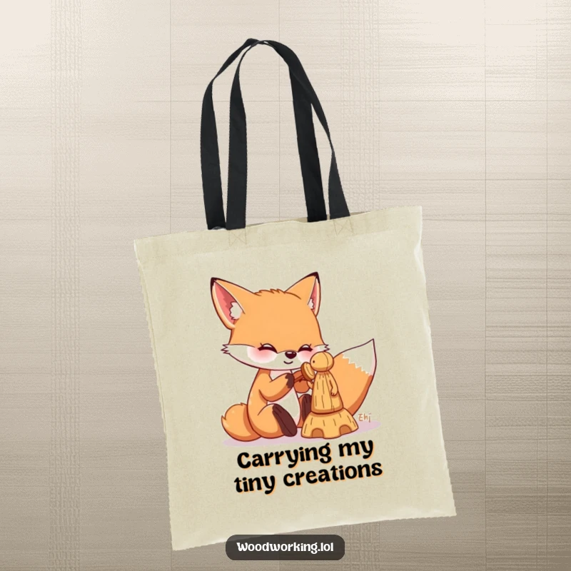 Funny fox tote bag depicting a playful fox chiseling a wooden figure, ideal for carrying supplies with a crafting theme.