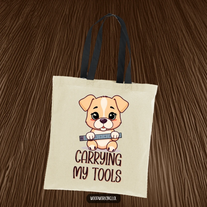 Funny puppy tote bag, a cartoon puppy holding a spirit level with a remarkably serious and focused expression.