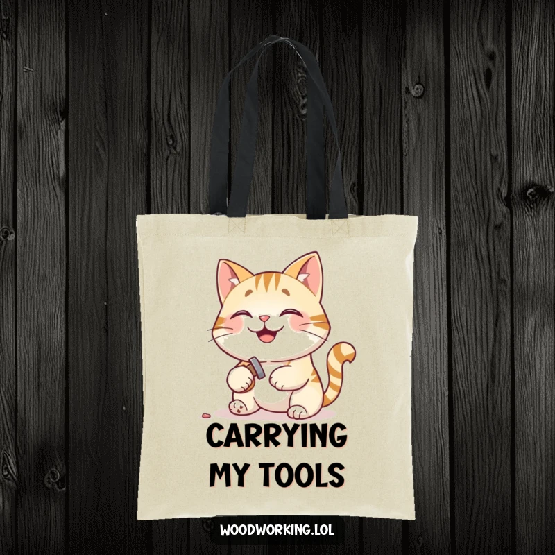 Funny tote bag showcasing a pleased cat hammering a tiny nail, perfect for carrying supplies with humor.