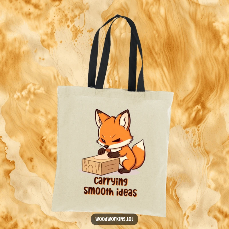 Funny tote bag featuring a determined fox intensely sanding a plank of wood, a humorous carry-all.