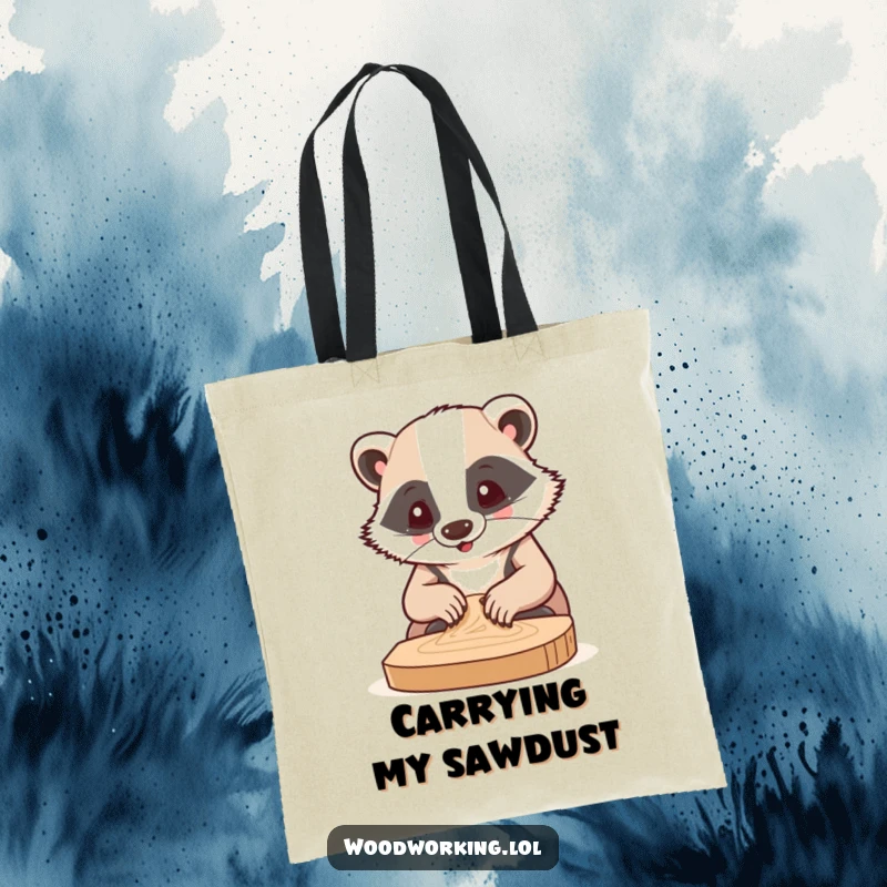 Funny tote bag illustration of a happy badger concentrating hard while sanding wood, great for artisans and crafters.