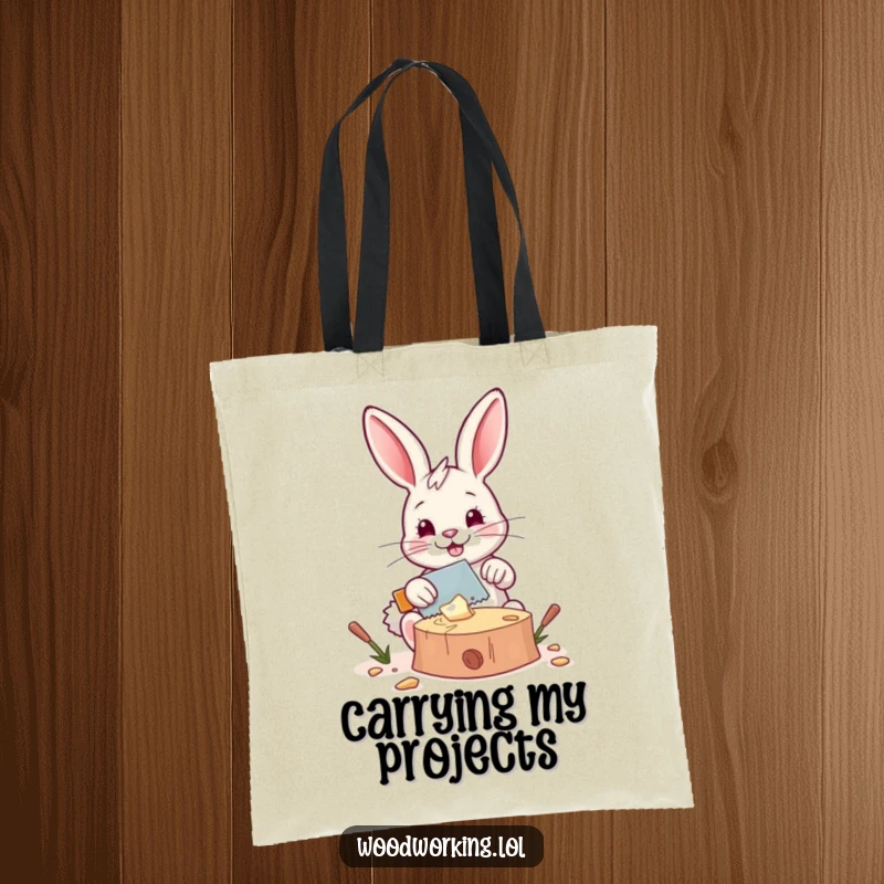 Funny tote bag: A happy bunny saws wood with a miniature saw, perfect for carrying DIY supplies with a humorous woodworking theme.
