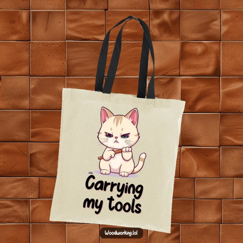 Funny tote bag: A focused cat hammers a tiny nail, perfect for carrying DIY supplies with a humorous feline construction theme.