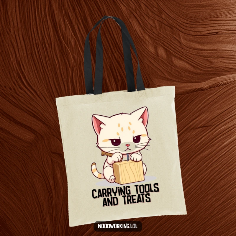 Funny cat tote bag depicting a determined cat hammering a nail, ideal for carrying essentials with a humorous DIY theme.