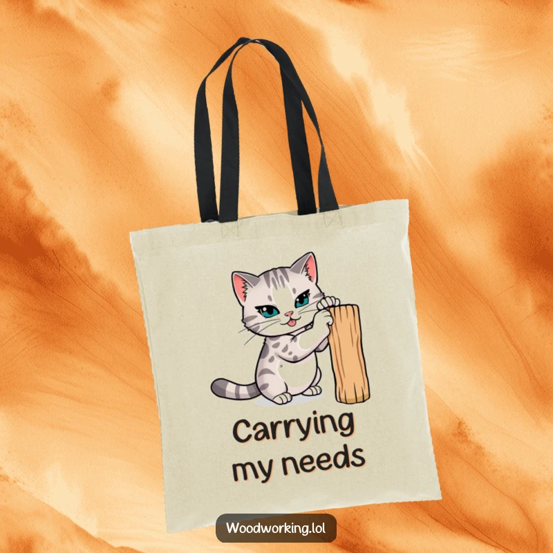 Funny cat tote bag, a determined cat sharpening its claws on a wooden post, ready to tackle any task with feline power.