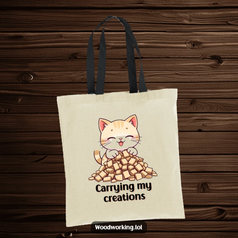 Funny cat tote bag showing a happy cat carefully placing wood chips into a pile, perfect for carrying craft supplies.