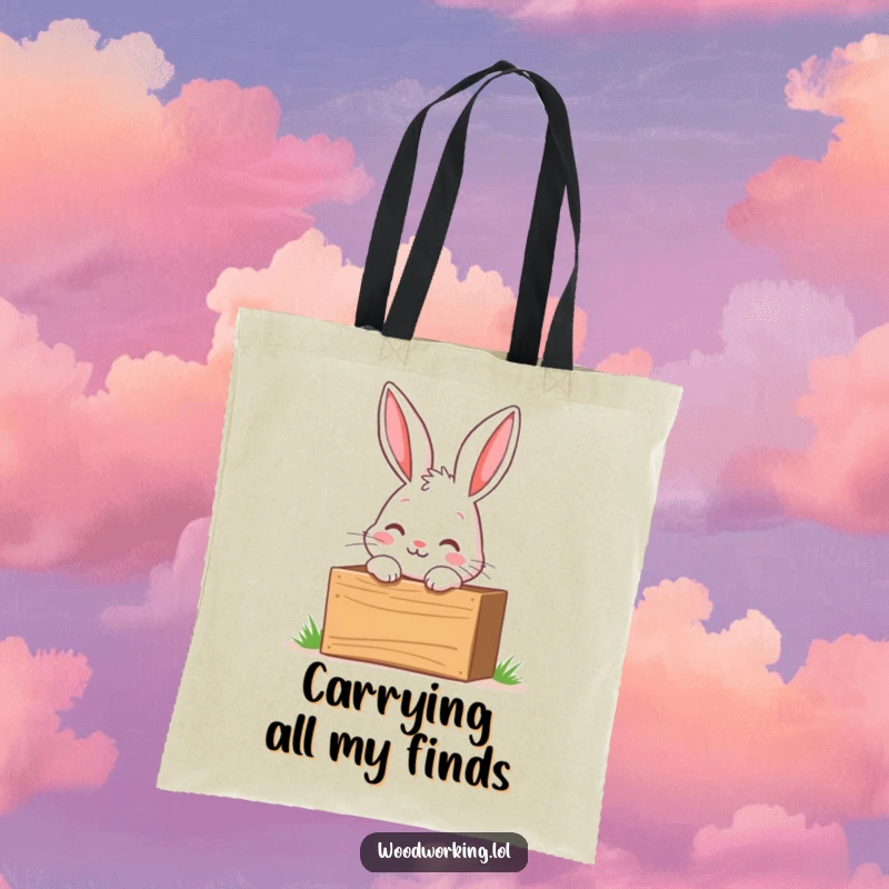 Funny tote bag showing a curious bunny peeking into a wooden toolbox with excitement, a charming accessory for explorers.