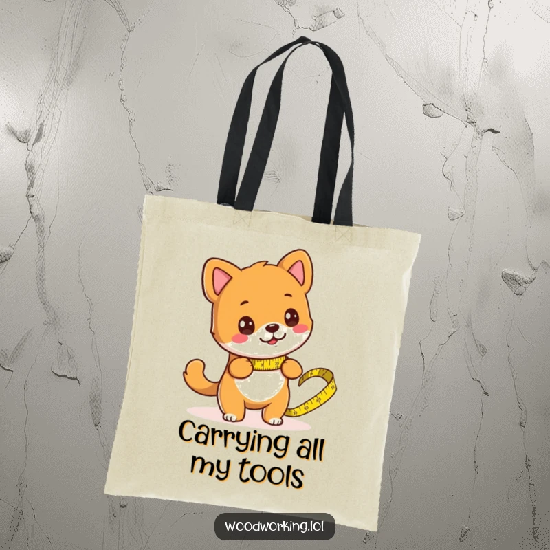 Funny dog focused on DIY, using a giant tape measure on a canvas tote bag, great for errands and sewing.