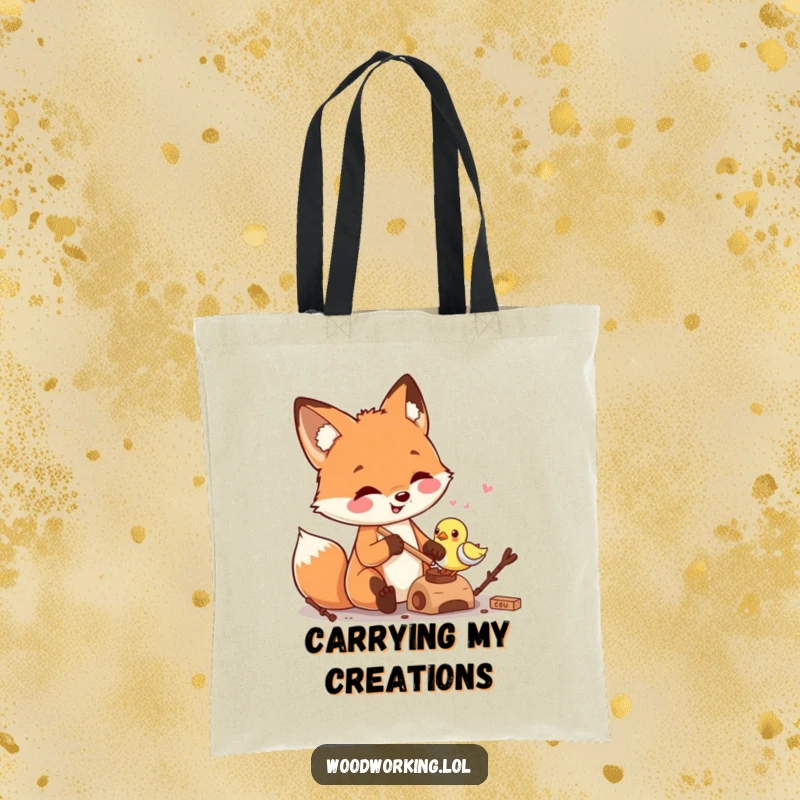 Funny smiling fox carving a small wooden bird, depicted on a tote bag, representing skillful craftsmanship and a love for handmade items.