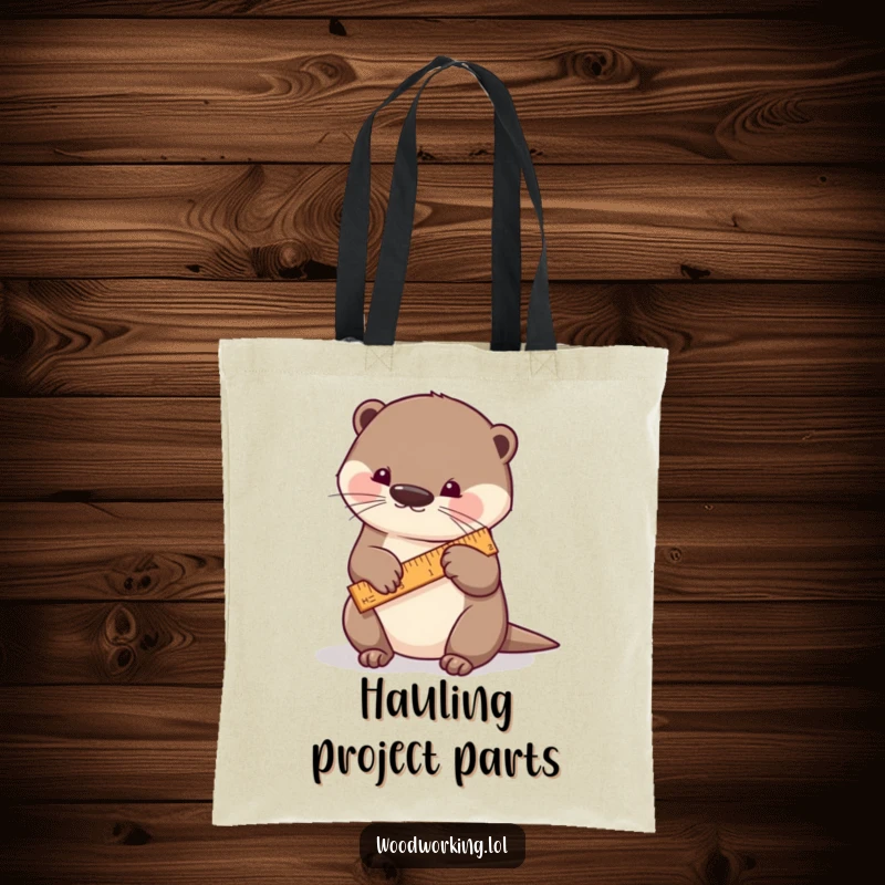 Funny otter tote bag, a playful otter measuring a piece of wood with a tiny ruler, ready for any crafting adventure.