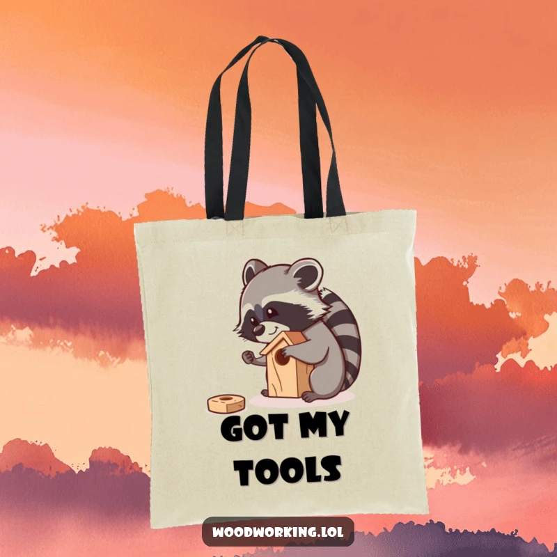 Funny raccoon meticulously sanding a small wooden birdhouse with a smile, ideal for carrying craft supplies.