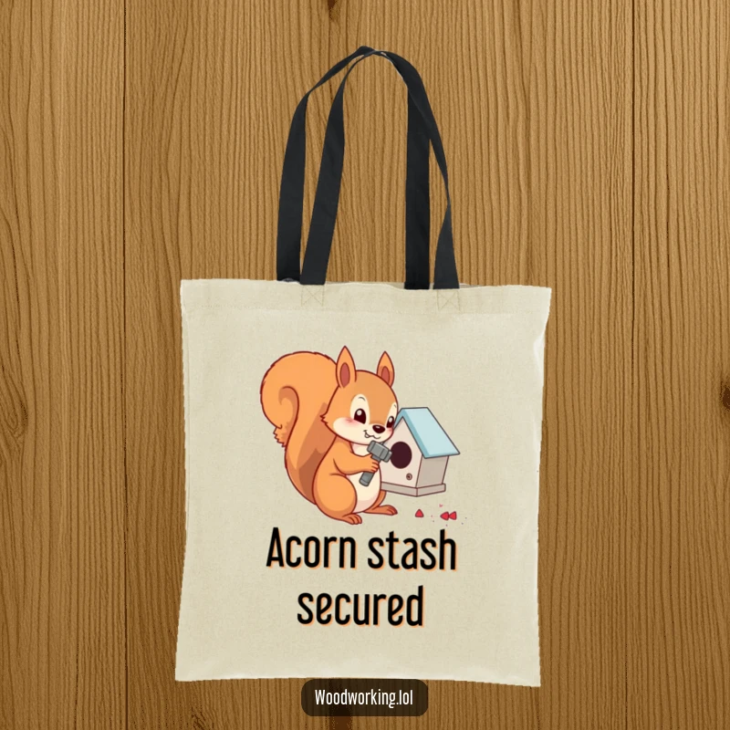Funny determined squirrel hammering nails into a tiny birdhouse, a humorous tote bag.