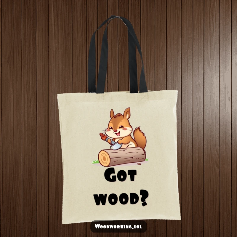 Funny chipmunk with a miniature saw enthusiastically sawing a log, perfect for carrying items with a humorous touch.