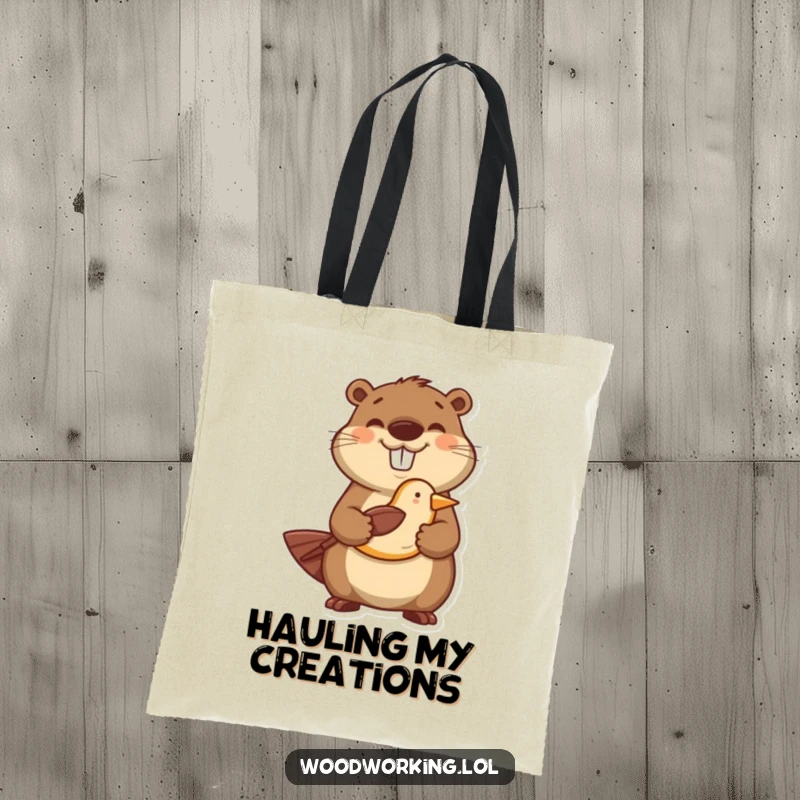 Funny tote bag with a happy beaver proudly holding a carved wooden bird, a charming and humorous accessory.
