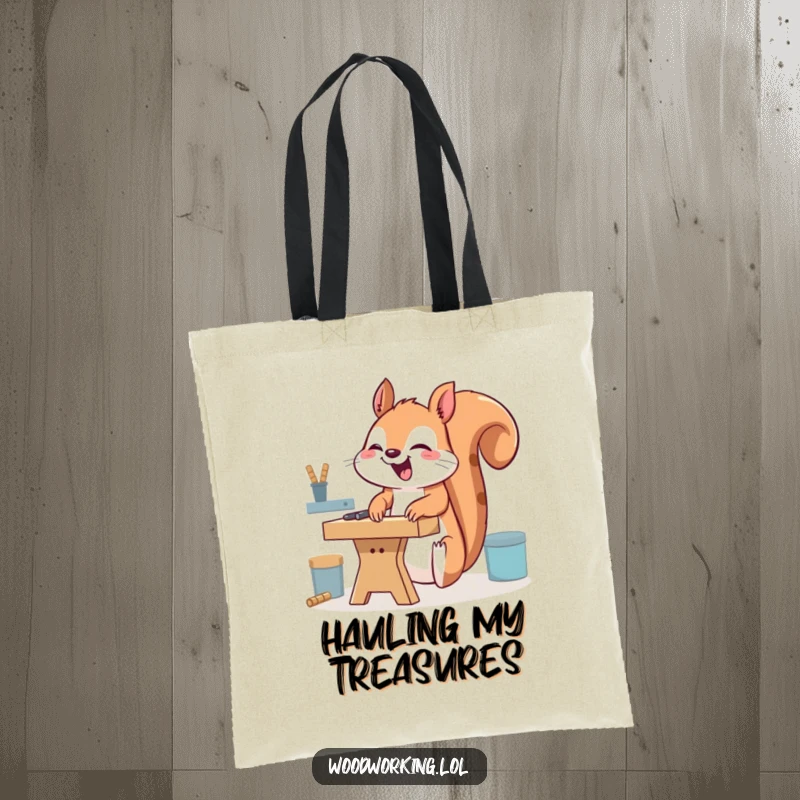 Funny giggling squirrel tote bag, humorously using a workbench upside down, ideal for carrying tools or daily essentials with a quirky touch.