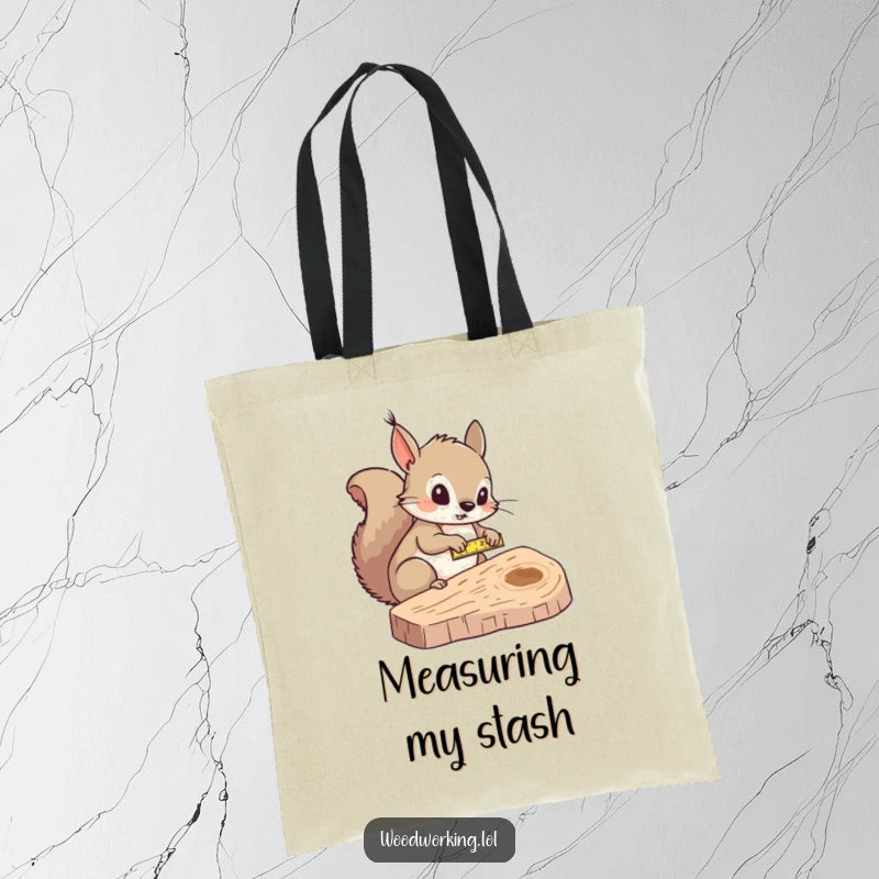 Funny squirrel measurer tote bag, curiously measuring wood with a tape measure, great for DIY supplies.
