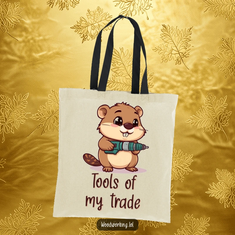 Funny tote bag illustration of a determined beaver using a drill with wide-eyed focus, great for DIY enthusiasts.